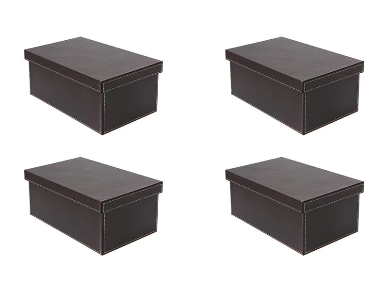 Osco Faux Leather Stackable Media Storage Box, Holds up to 26 DVDs, Blu-rays, CDs – Durable Wipe-Clean Finish – Space-Saving Shoe & Media Storage Container, 4 Pack, Brown