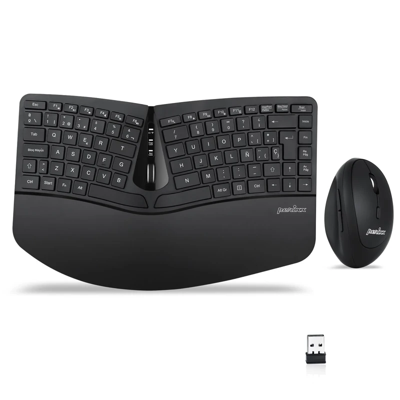 Perixx Periduo-606 Compact Ergonomic Keyboard and Vertical Wireless Mouse Set with Adjustable Wrist Rest and Low Profile Keys, Adjustable DPI and Spanish QWERTY