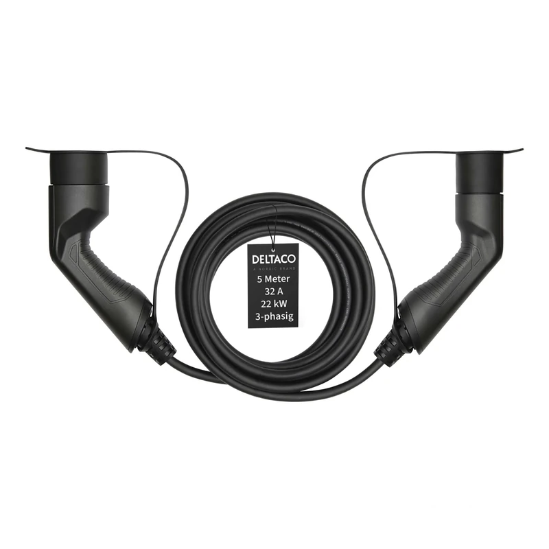 DELTACO EV Charging Cable, Type 2 to Type 2, Charge Mode 3, Three Phase, Intensity 32A, Power 22KW, Standard IEC 62196-2, Black, 3 Year Warranty – Length 5 m