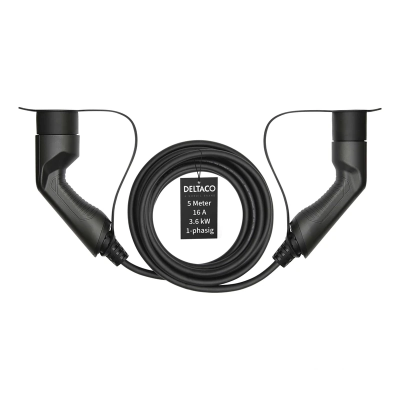 DELTACO EV Charging Cable, Type 2 to Type 2, Charge Mode 3, Single Phase, Intensity 16A, Power 3.6KW, Standard IEC 62196-2, Black, 3 Year Warranty - Length 5 m