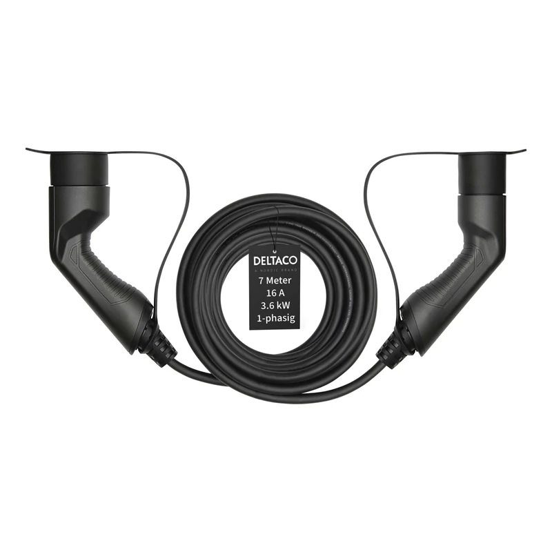 DELTACO EV Charging Cable, Type 2 to Type 2, Charge Mode 3, Single Phase, Intensity 16A, Power 3.6KW, Standard IEC 62196-2, Black, 3 Year Warranty – Length 7 m