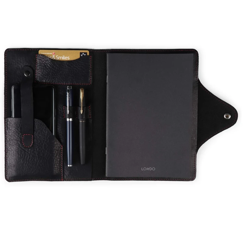 LONDO Genuine Leather Portfolio with Notepad and Snap Closure- Black, L