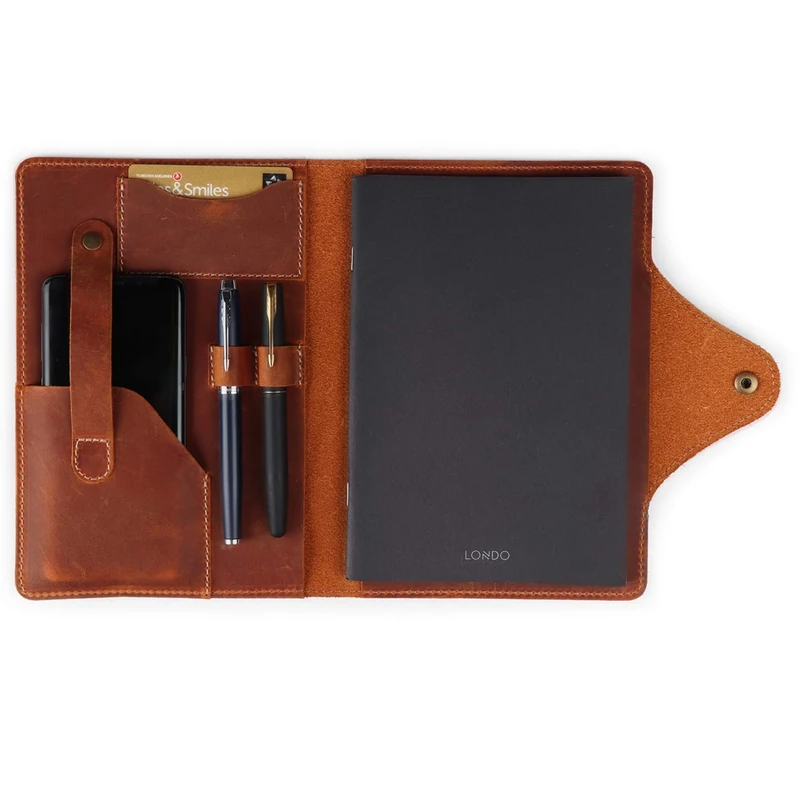 LONDO Genuine Leather Portfolio with Notepad and Snap Closure (Camel, Large)