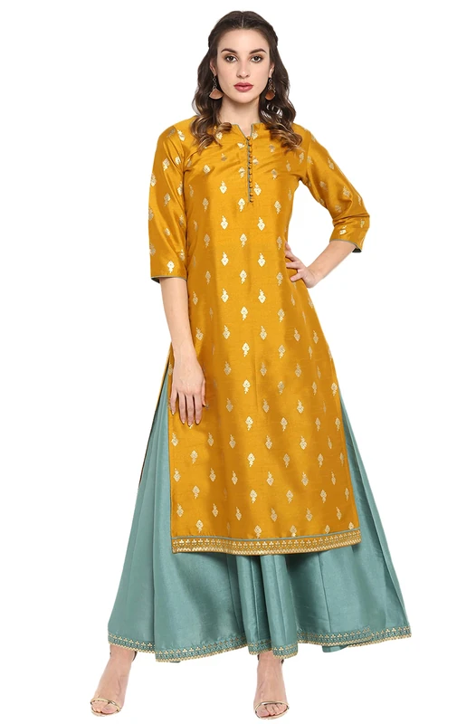 Janasya Women's Mustard Foil Printed Poly Silk Ethnic Dress, Mustard, L - Image 1