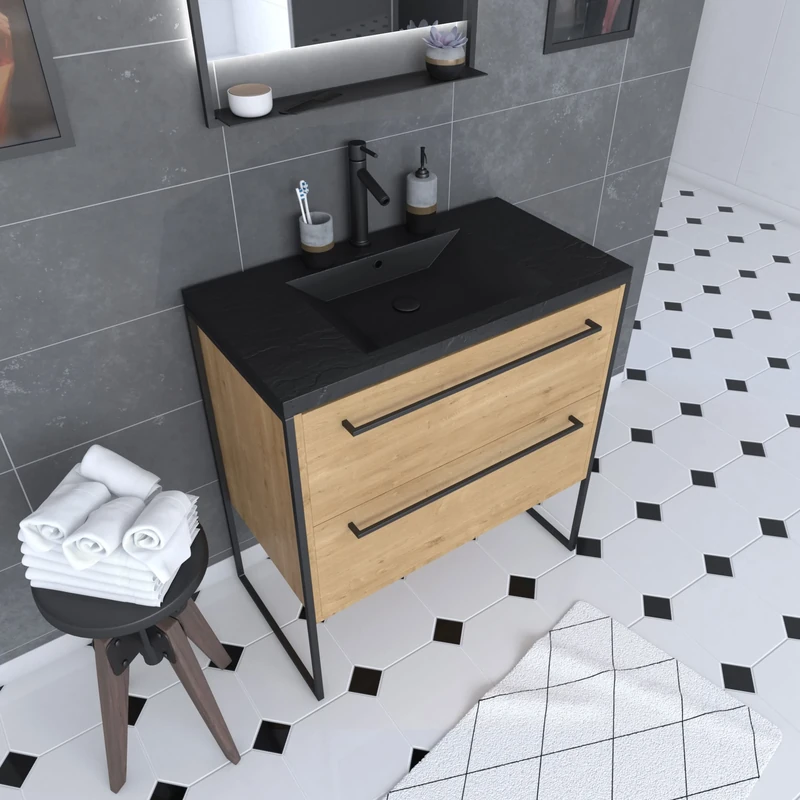 AURLANE PACM104 Structura P104 Bathroom Furniture, Black/Oak Brown, Large
