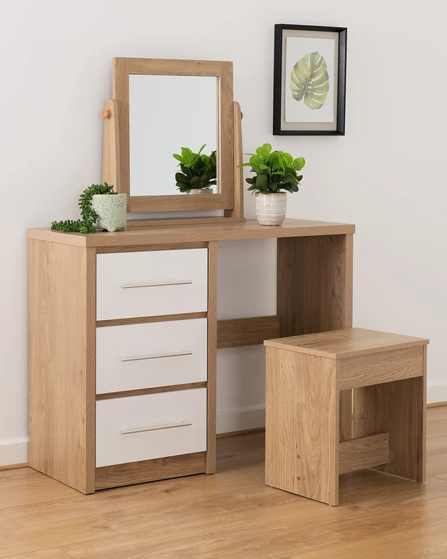 Seconique Seville Dressing Table Set in White Gloss/Light Oak Effect Veneer