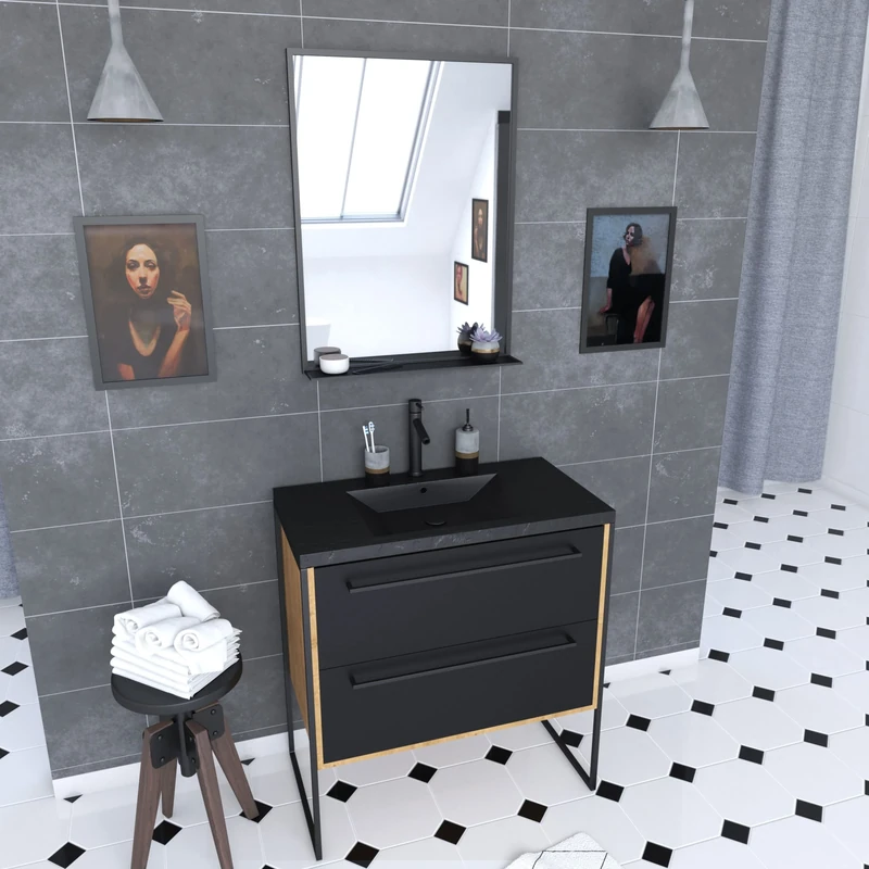 AURLANE PACM095 Structura P095 Bathroom Furniture, Black/Oak Brown, Medium - Image 1