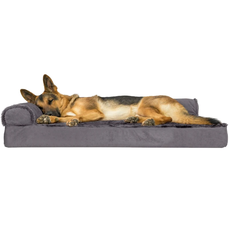 Furhaven XL Orthopedic Dog Bed Plush & Velvet L Shaped Chaise w/Removable Washable Cover - Platinum Gray, Jumbo (X-Large)
