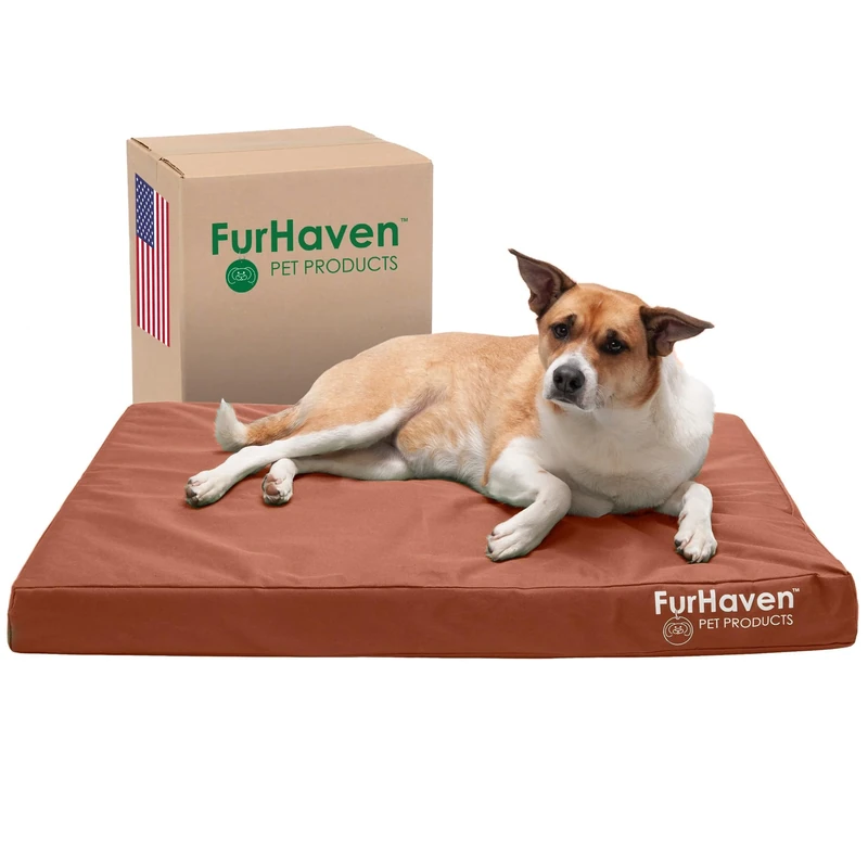 FurHaven Water-Resistant Cooling Gel Dog Bed for Large/Medium Dogs w/Removable Washable Cover, For Dogs Up to 55 lbs - Indoor/Outdoor Logo Print Oxford Polycanvas Mattress - Chestnut, Large