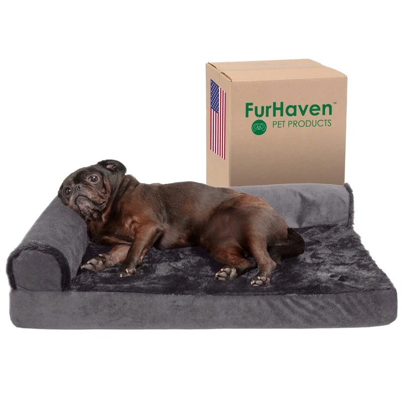 FurHaven Cooling Gel Dog Bed for Medium/Small Dogs w/Removable Bolsters & Washable Cover, For Dogs Up to 35 lbs - Plush & Velvet L Shaped Chaise - Platinum Gray, Medium, 30.0" L x 20.0" W x 6.0" Th - Image 1