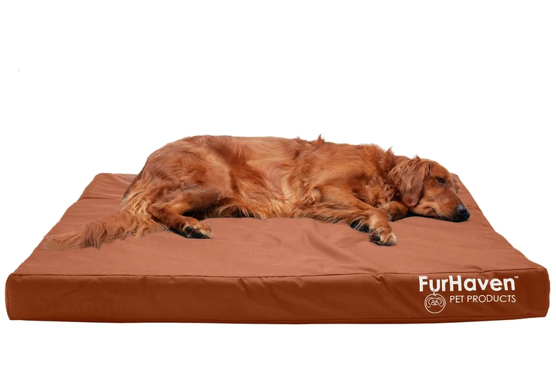 FurHaven Water-Resistant Cooling Gel Dog Bed for Large Dogs w/Removable Washable Cover, For Dogs Up to 95 lbs - Indoor/Outdoor Logo Print Oxford Polycanvas Mattress - Chestnut, Jumbo/XL