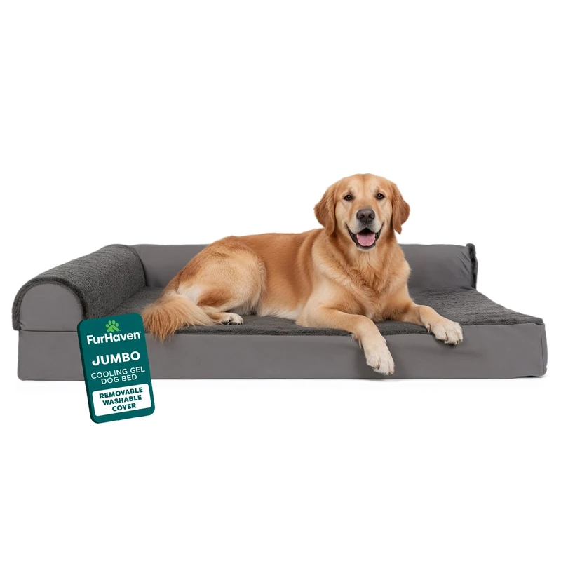 FurHaven Cooling Gel Dog Bed for Large Dogs w/Removable Bolsters & Washable Cover, For Dogs Up to 95 lbs - Plush & Velvet L Shaped Chaise - Platinum Gray, Jumbo/XL