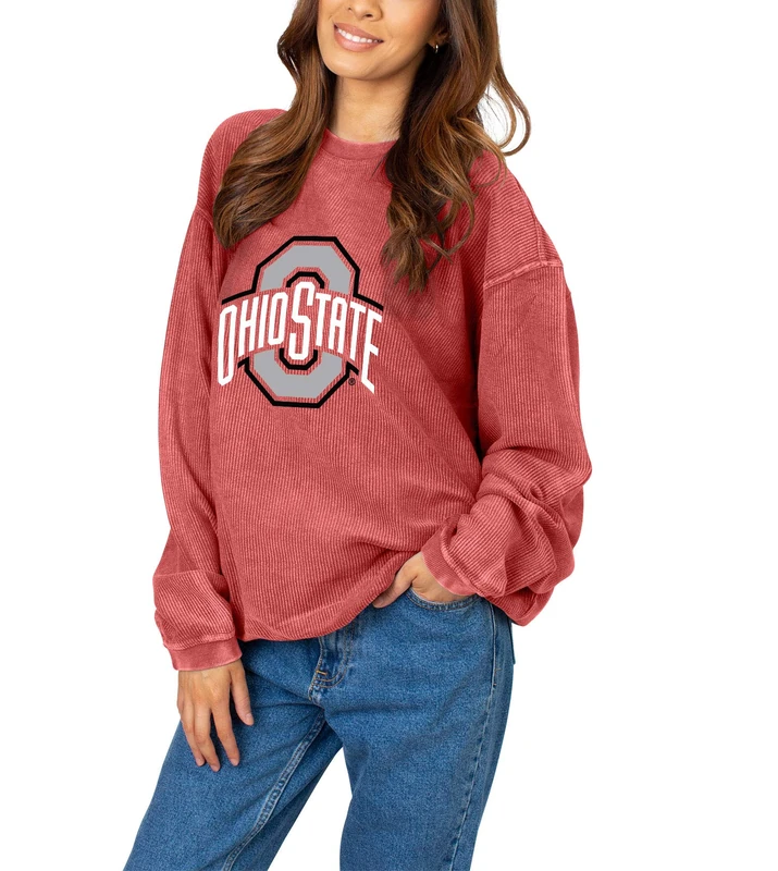 Chicka-D NCAA Ohio State Buckeyes Womens Corded Crew Pullover, Red, Large - Image 1