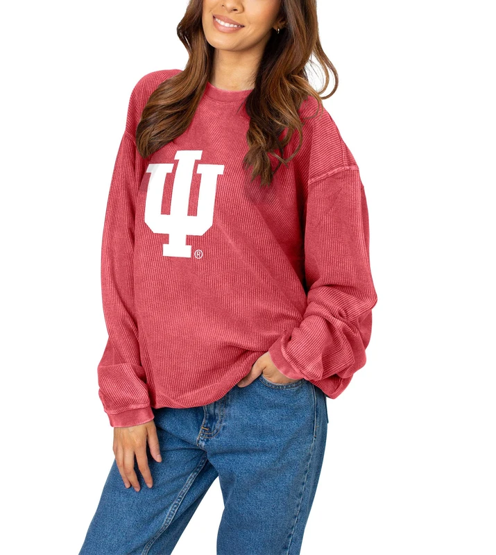 Chicka-D NCAA Indiana Hoosiers Womens Corded Crew Pullover, Crimson, Medium