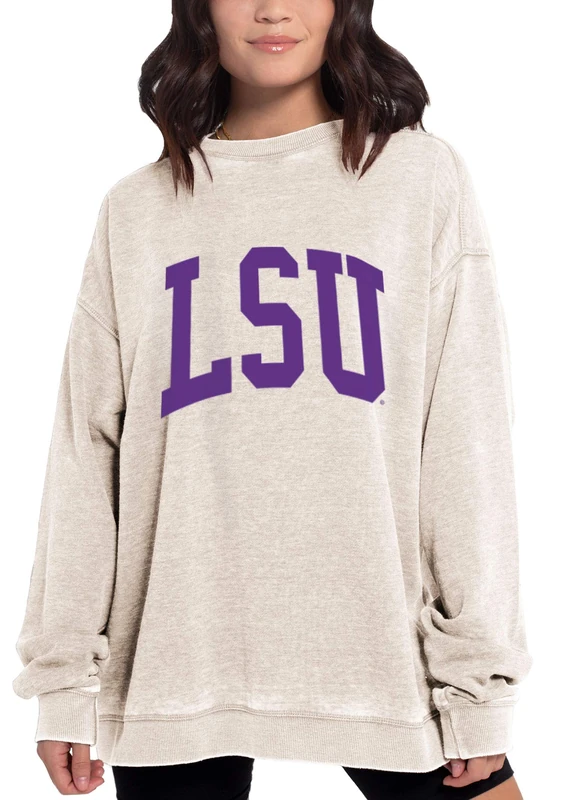 Chicka-D NCAA LSU Tigers Womens Burnout Fleece Pullover, Oatmeal, Medium, 449_NC_CA