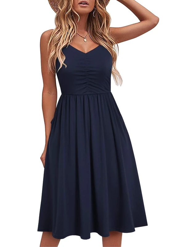 YATHON Casual Dresses for Women Sleeveless Cotton Summer Beach Dress A Line Spaghetti Strap Sundresses with Pockets, Yt090-navy, XL
