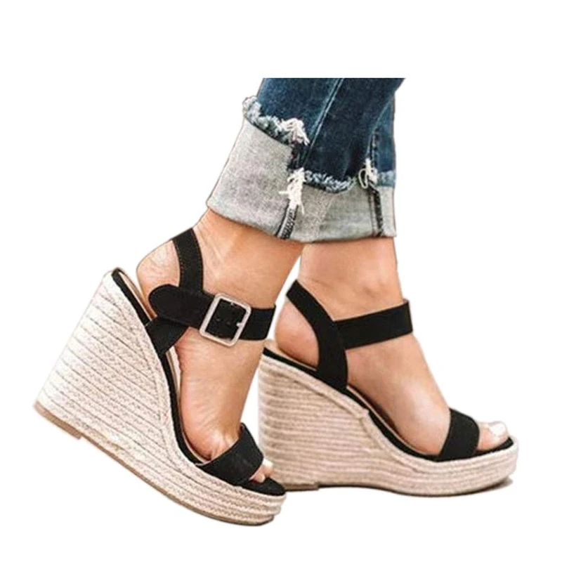 VICKI·VICKI Women's Platform Sandals Wedge Ankle Strap Open Toe Sandals, Black-1#, 5.5 UK