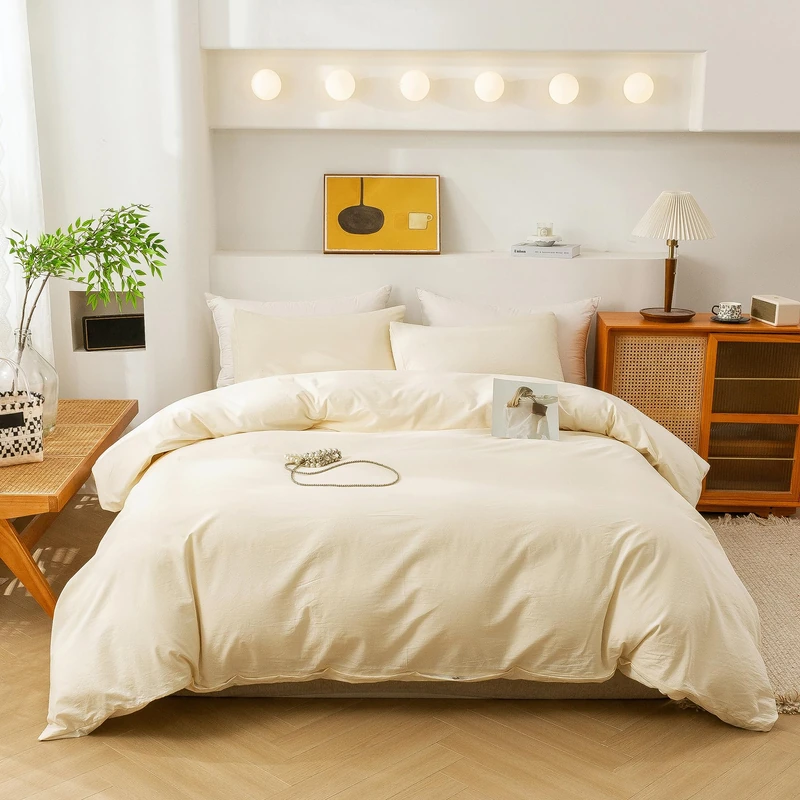 ECOCOTT Cream Duvet Cover Queen, 100% Washed Cotton 3 Piece Duvet Cover Sets 1 Duvet Cover with Zipper and 2 Pillowcases Bedding Set (Cream,Queen)