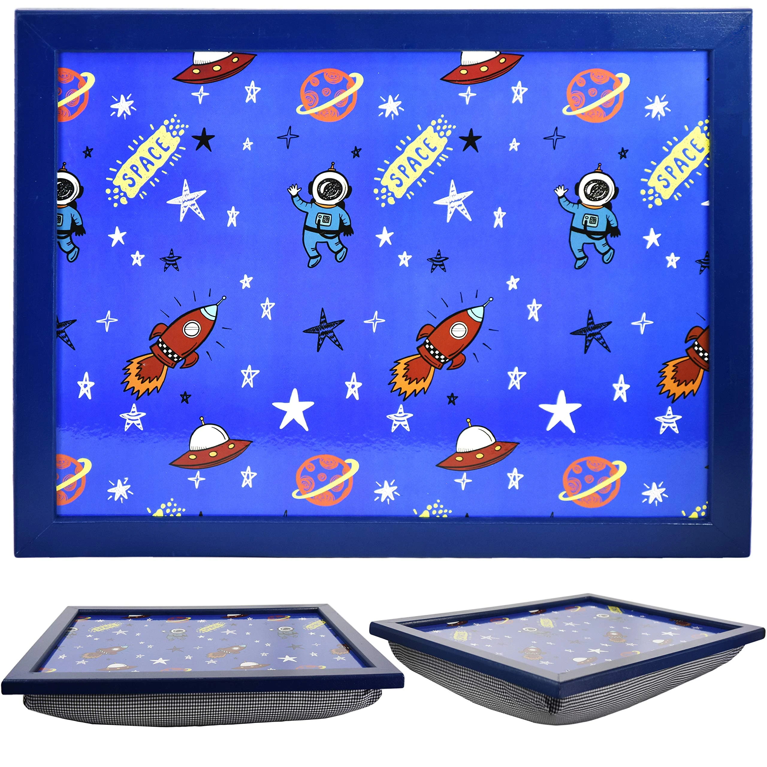 MTS Wooden Lap Trays with Bean Bag Cushion - Space Design - Large Padded Tray for Kids - Suitable for Food, Art, Studies, TV, Sofa, Bed - Fantastic Gift for Space Loving Boys and Girls