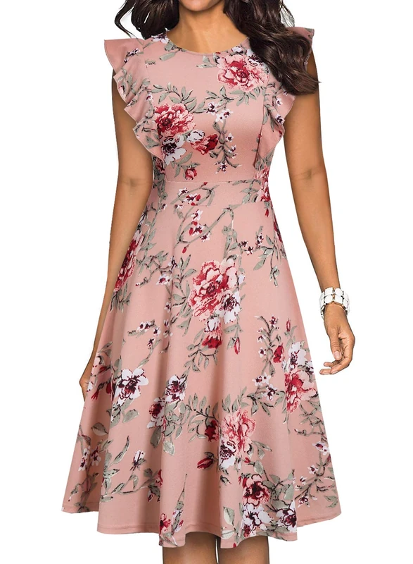 YATHON Women's Vintage Ruffle Floral Flared A Line Swing Casual Cocktail Party Dresses, Yt001-pink Floral 01, XL
