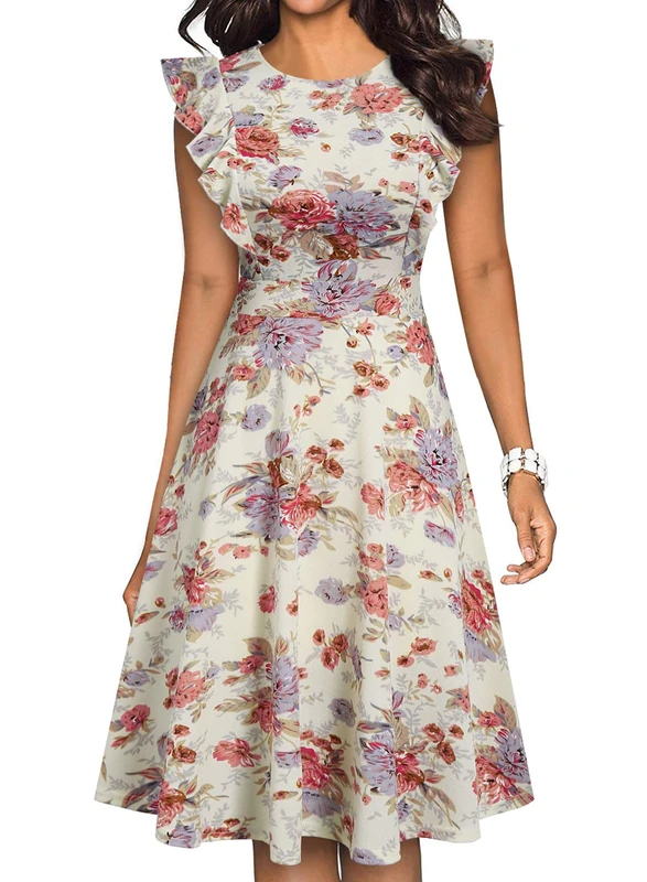 YATHON Women's Vintage Ruffle Floral Flared A Line Swing Casual Cocktail Party Dresses, Yt001-beige White F 01, XL