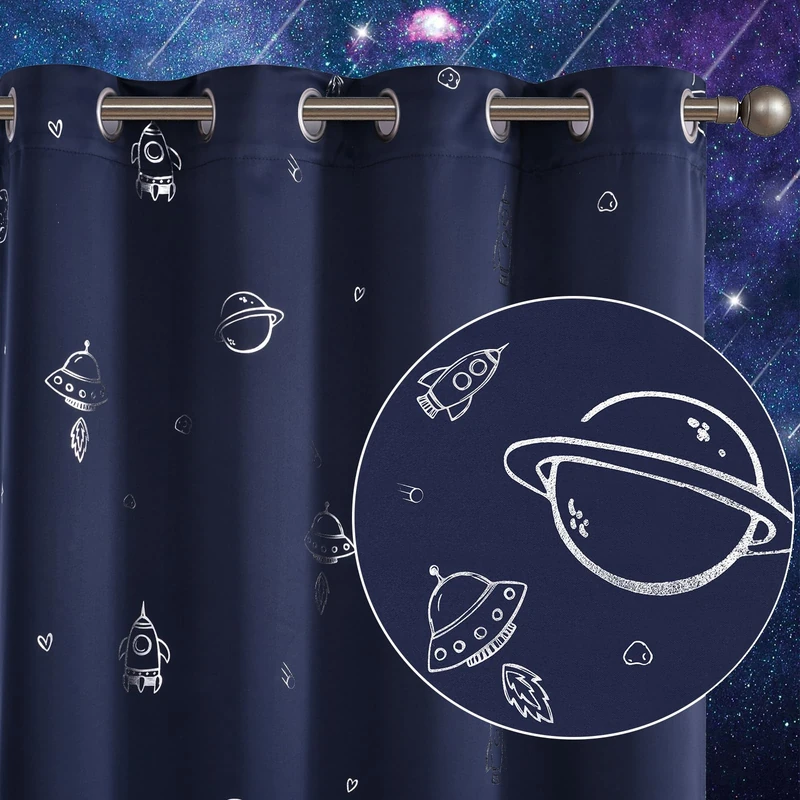 Vangao Silver Space Planets Rocketship Foil Print Grommet Top Blackout Curtains Navy Blue Thermal Insulated Blackout Shades for Boys Kid’s Room Bedroom Living Room Nursery 95 Inches Length 2 Panels - Image 1