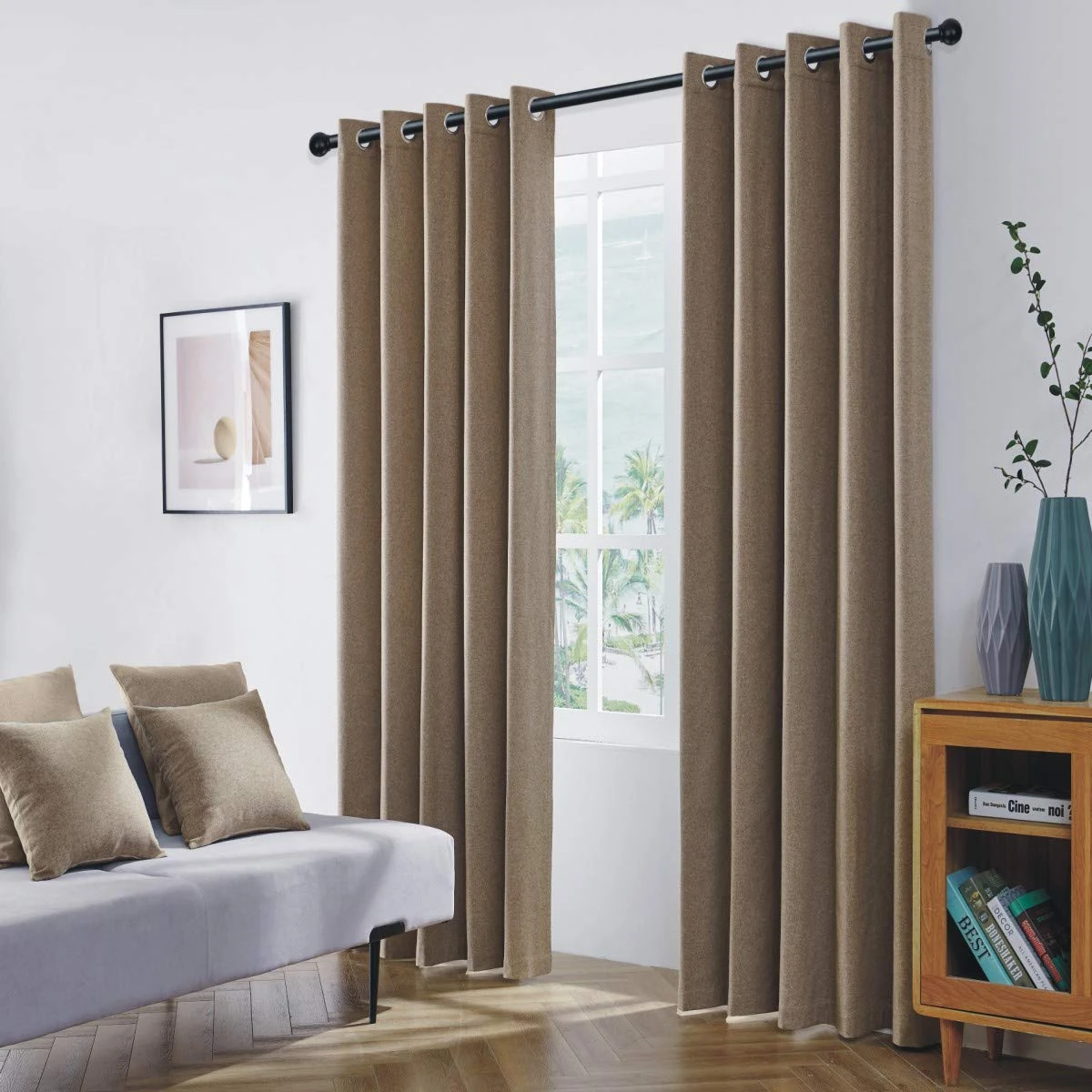 COASTLINE Luna brushed blackout eyelet curtains Mocha Camel Coffee thermal insulated window treatment 2 panels blinds floor curtains for bedroom,Livingroom,Kids nursery room Width 90" x Drop 54"