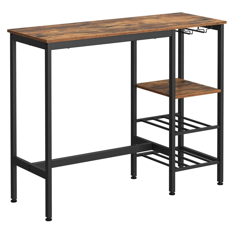 VASAGLE High Table, Dining Table, Bar Table, with Wine Glass Holder and Bottle Rack, for Living Room, Kitchen, 110 x 40 x 90 cm, Industrial, Rustic Brown and Black LBT013B01