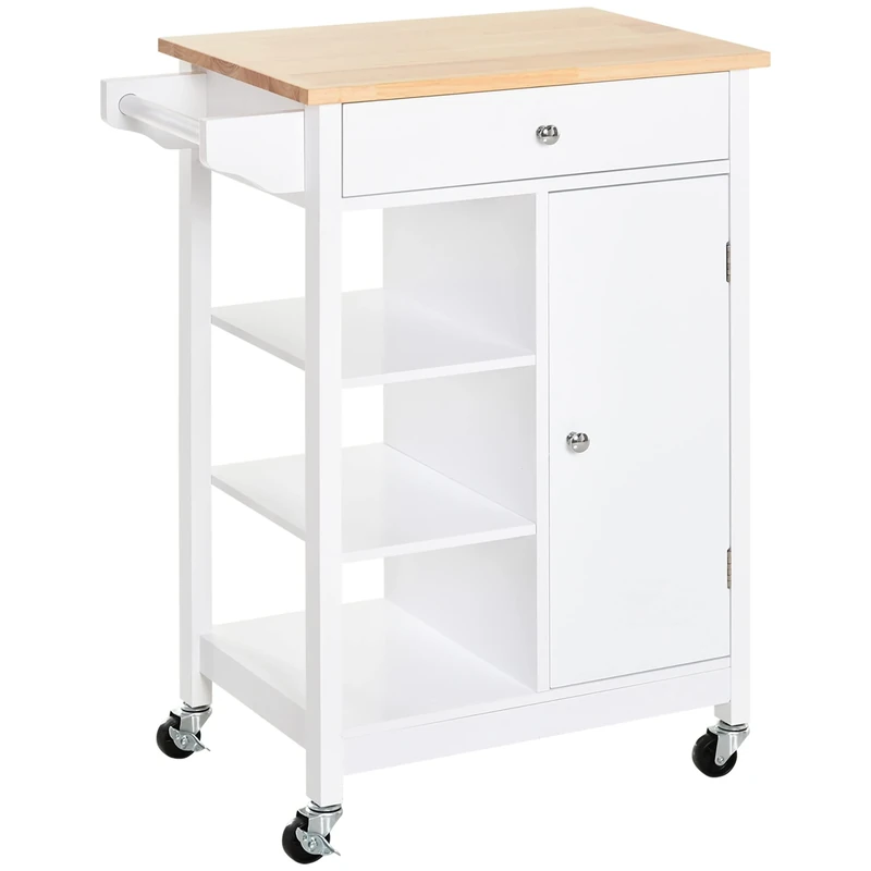 HOMCOM Kitchen Trolley, Kitchen Island on Wheels, w/Wood Top, 3 Shelves and Storage Cupboard, White