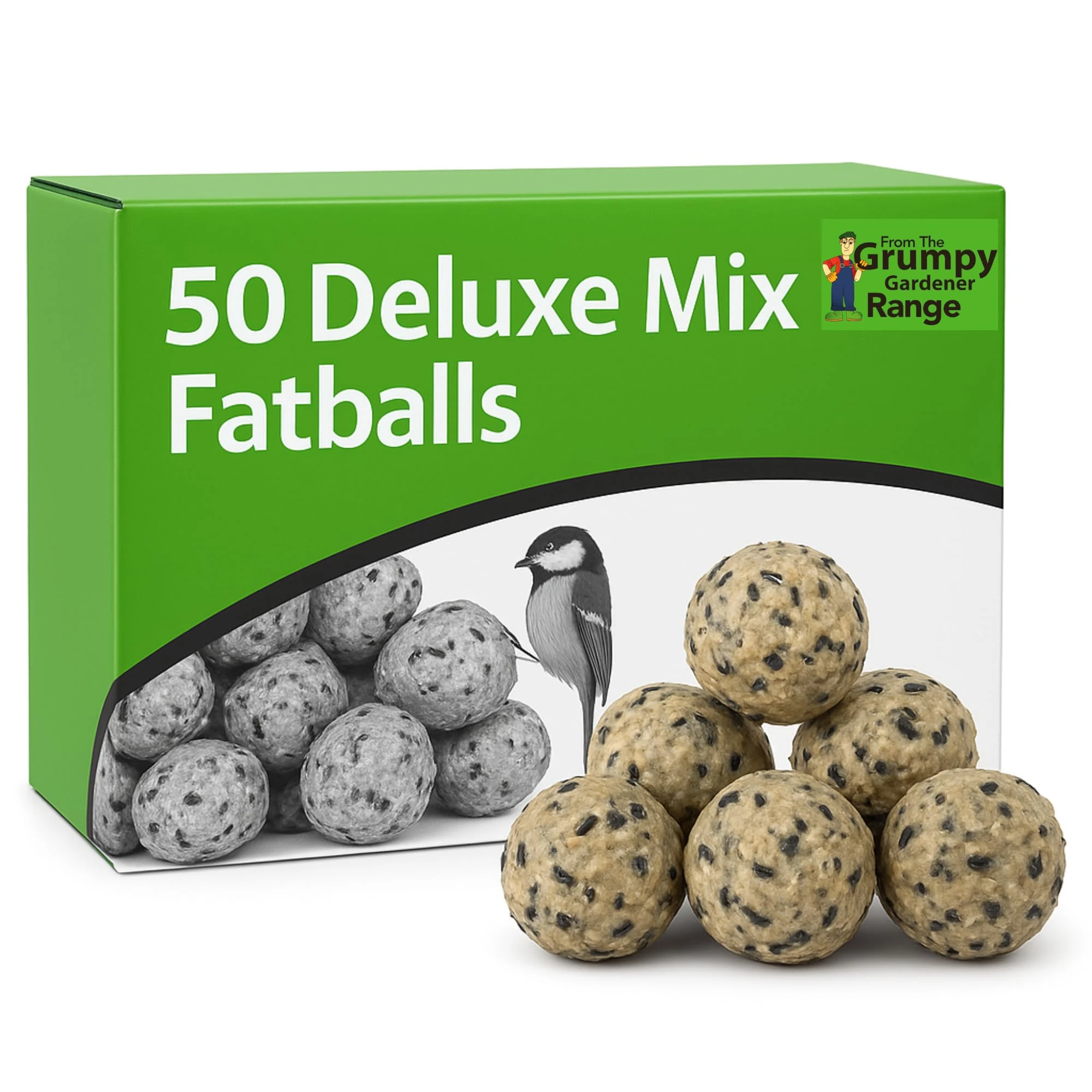 Grumpy Gardener Fat Balls - Deluxe Mix Wild Bird Fat Balls, 50 Suet Balls Enriched with Beef Tallow, Peanuts, Sunflower Seeds and Essential Bird Seed Blend (50 Balls, 4 Kg)