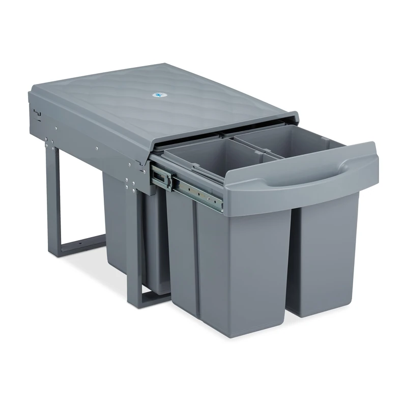 Relaxdays Built-in Waste Bin 4-Compartment, 8 l each, Pull-out Disposal Unit, Recycling, HxWxD: 35 x 33.5 x 51 cm, Grey - Image 1