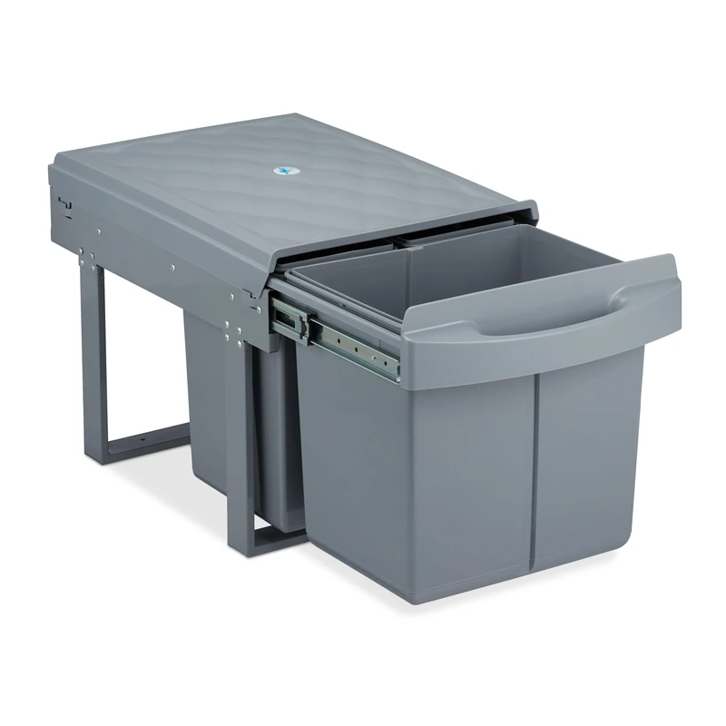 Relaxdays Built-in Waste Bin 3-Compartment, 15 and 8 L, Pull-out Disposal Unit, Recycling, HWD: 34.5 x 34 x 53 cm, Grey