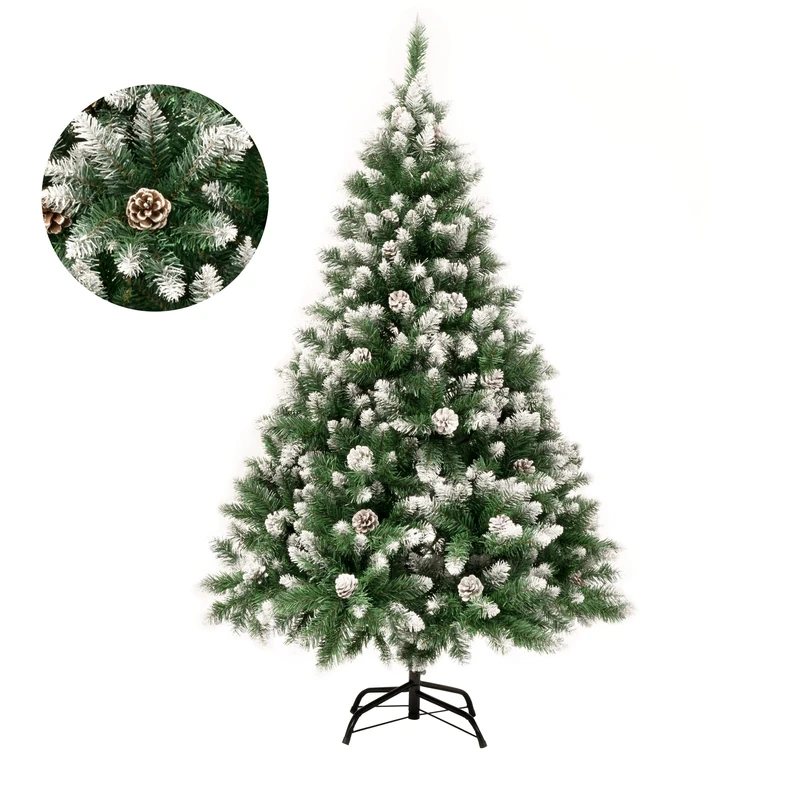 GIGALUMI 150cm/5ft Fold-Out Artificial Christmas Tree Retractable Xmas Tree with snow and real pine cones Indoor Decoration Pine Tree