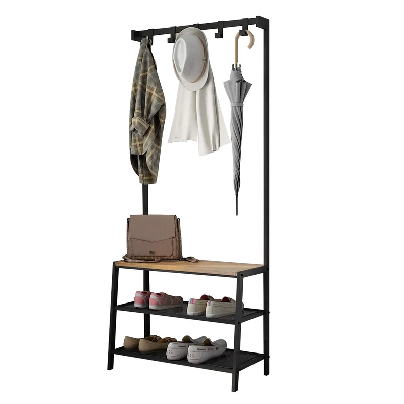 Meerveil Coat Rack Stand, Multi-purpose Clothes Coat Stand Shoes Rack with Removable 5 Hooks, 3 Tier Shoe Bench, Industrial Hall Storage for Entrance, Living Room, Bedroom, Hallway, Black - Image 1