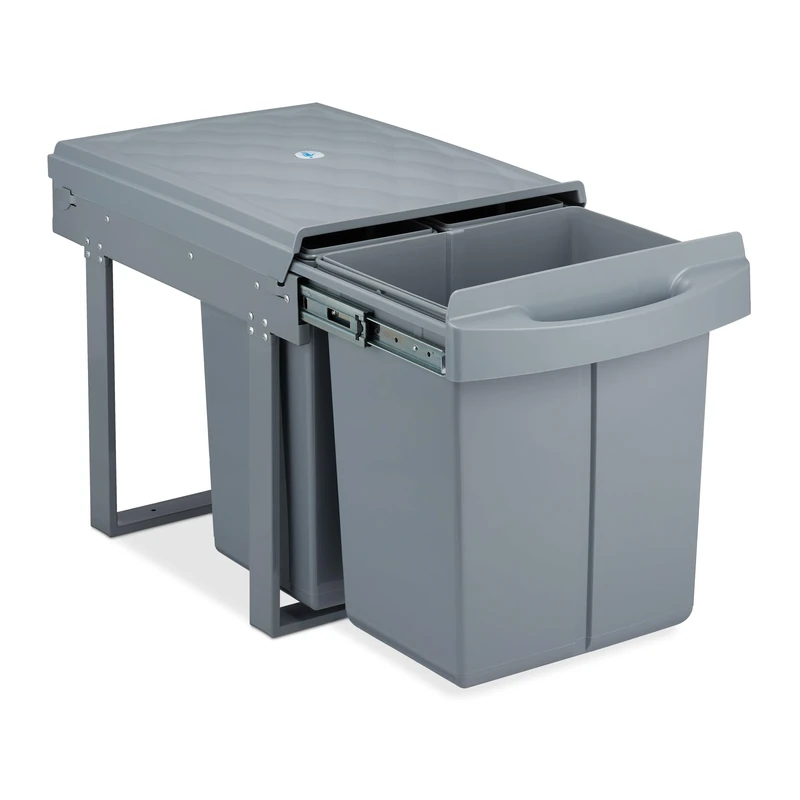 Relaxdays Built-in Waste Bin 3 Compartments 20 and 2x10 l, Pull-out Disposal Unit, Recycling, HxWxD: 41x33.5x52 cm, Grey