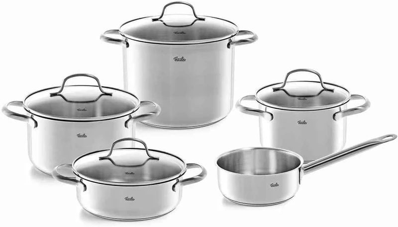 Fissler San Francisco 5-Piece Stainless Steel Saucepan Set with Glass Lids Suitable for Induction Cookers All Hob Types (3 Saucepans, 1 Stewing Pot, 1 Saucepan Without Lid)