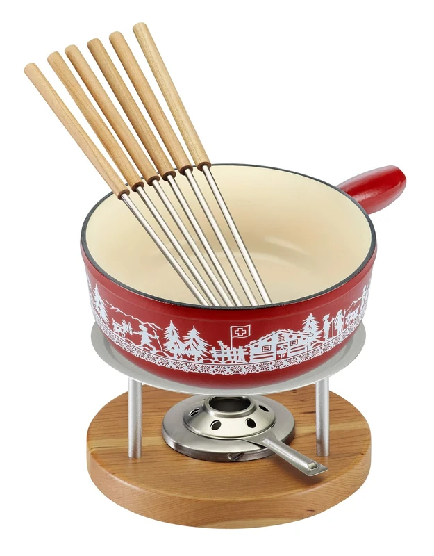 KUHN RIKON 32276 Cheese Fondue Set Induction Cast Iron Red Alpine Willow 24 cm