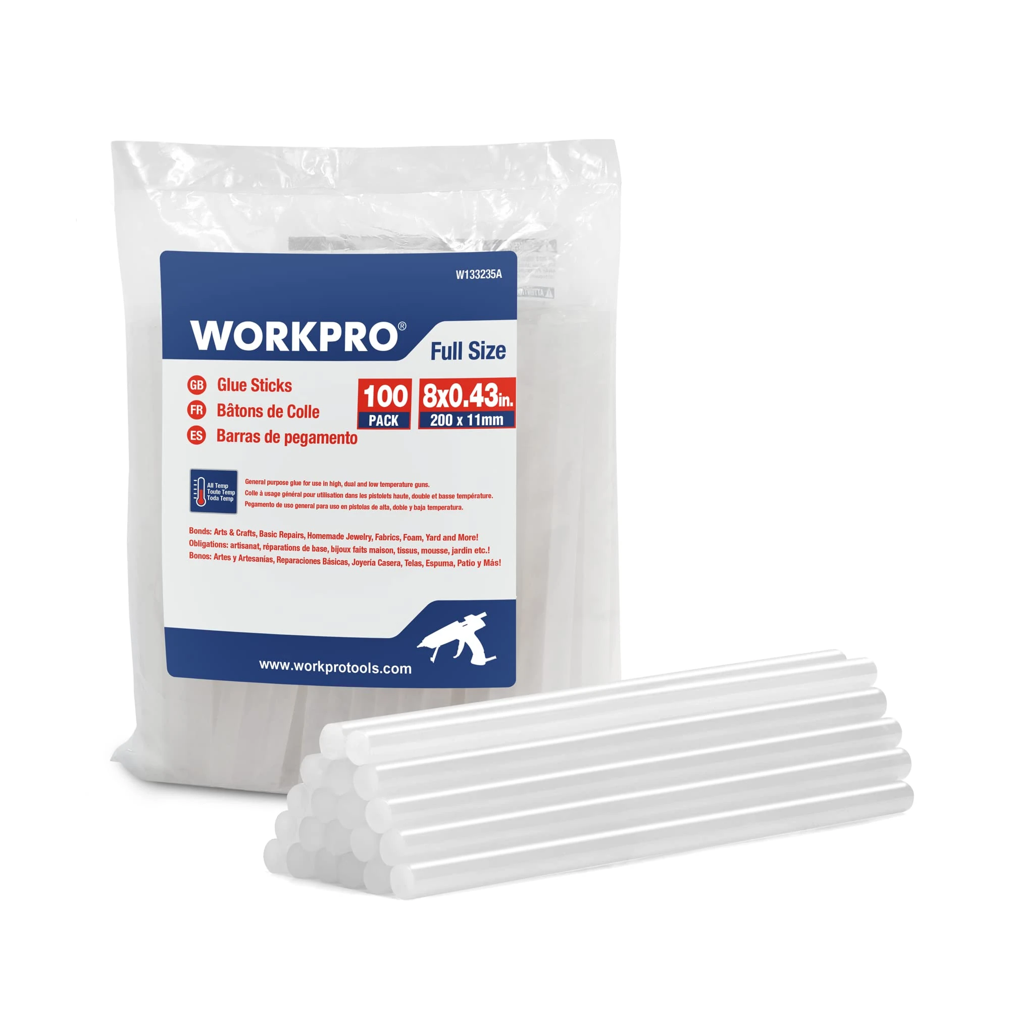 WORKPRO 100 Hot Glue Sticks 200 x 11 mm, Universal Transparent Glue Sticks for Hot Glue Gun, Ideal for DIY, Crafts, Hobbies