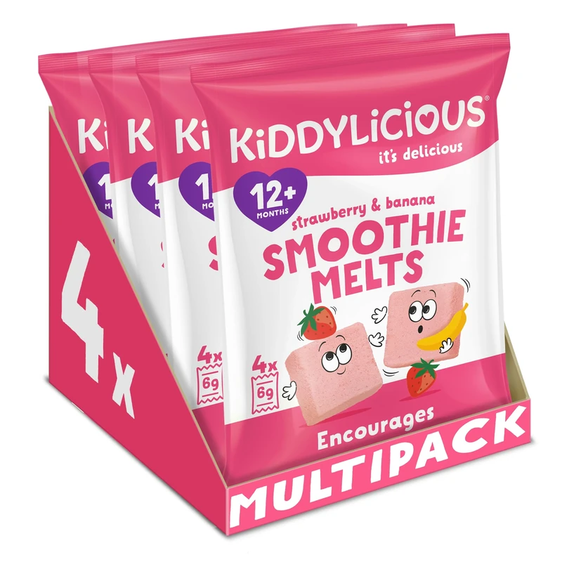 Kiddylicious Strawberry & Banana Smoothie Melts - Delicious Snacks for Kids - Suitable for 12+ Months - 4 Packs of 4 (16 Total)