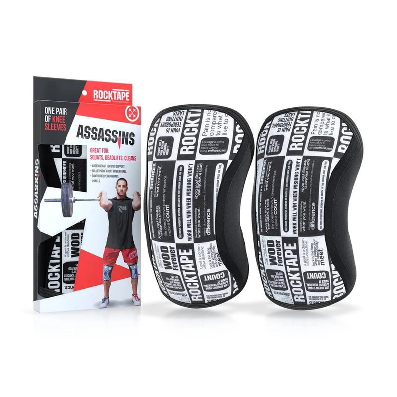 RockTape Assassins Knee Sleeves, Workout Knee Support, Neoprene Durability and Comfort, Black/White Manifesto, L, Pack of 2