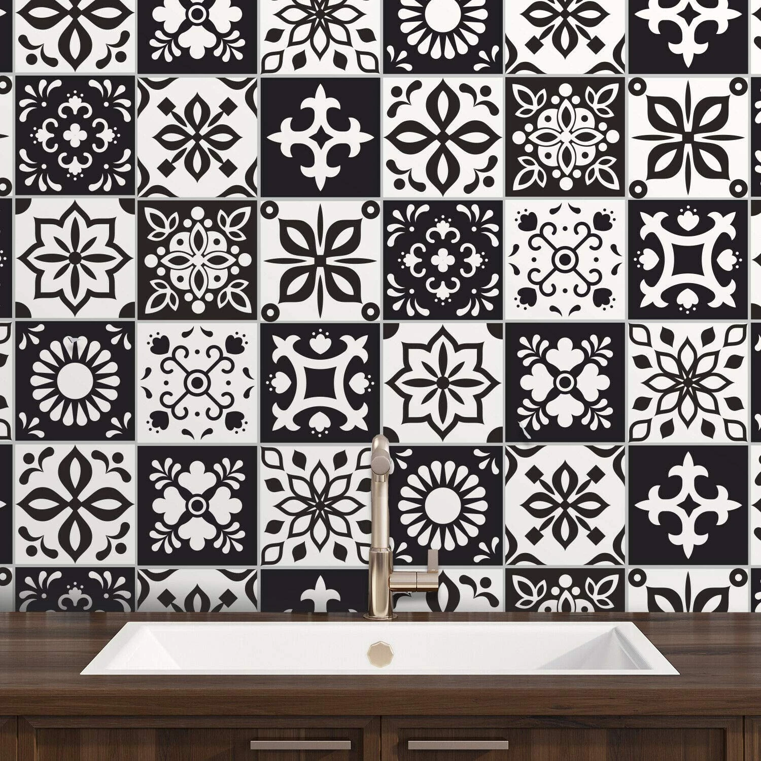 WALPLUS Black Tile Stickers Self Adhesive for Walls 15x15cm(6") Self Adhesive Wall Sticker Removable Stick on Kitchen Arjorelle Black and White Stick on Kitchen 24 Pieces