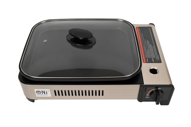 NJ Portable Gas BBQ Deep Dish Grill Stove Tabletop Camping Cooker Non-stick Pan Glass LID - Image 1