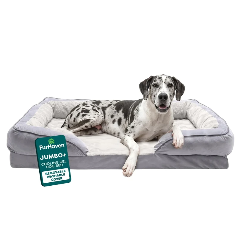 FurHaven Cooling Gel Dog Bed for Large Dogs w/Removable Bolsters & Washable Cover, For Dogs Up to 125 lbs - Plush & Velvet Waves Perfect Comfort Sofa - Granite Gray, Jumbo Plus/XXL