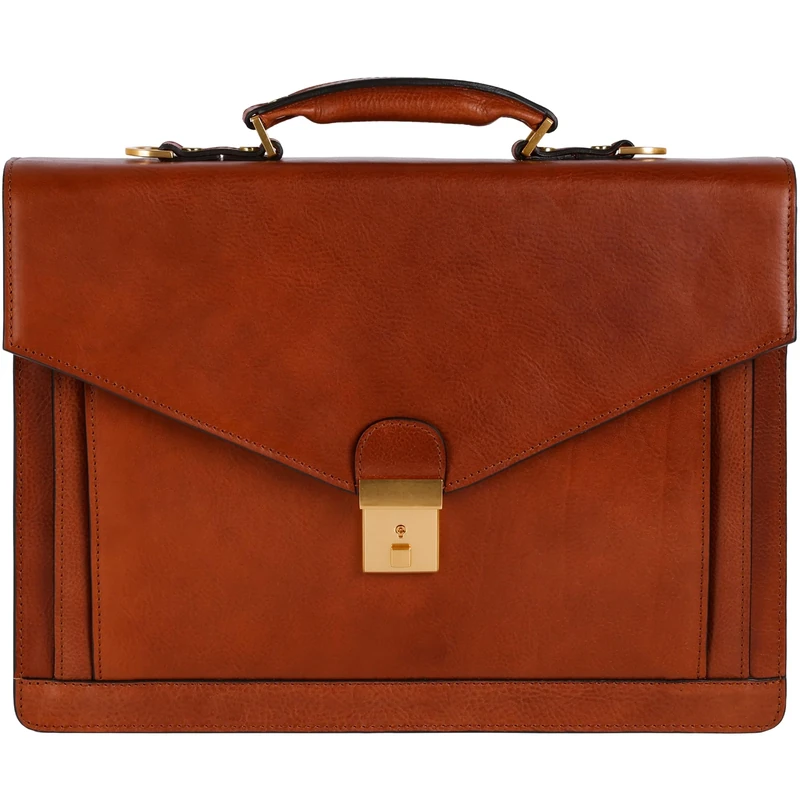 Time Resistance Leather Briefcase - Full Grain Leather Bag for Men - Business Attache - Shoulder Bag for a Laptop (Cognac Brown)