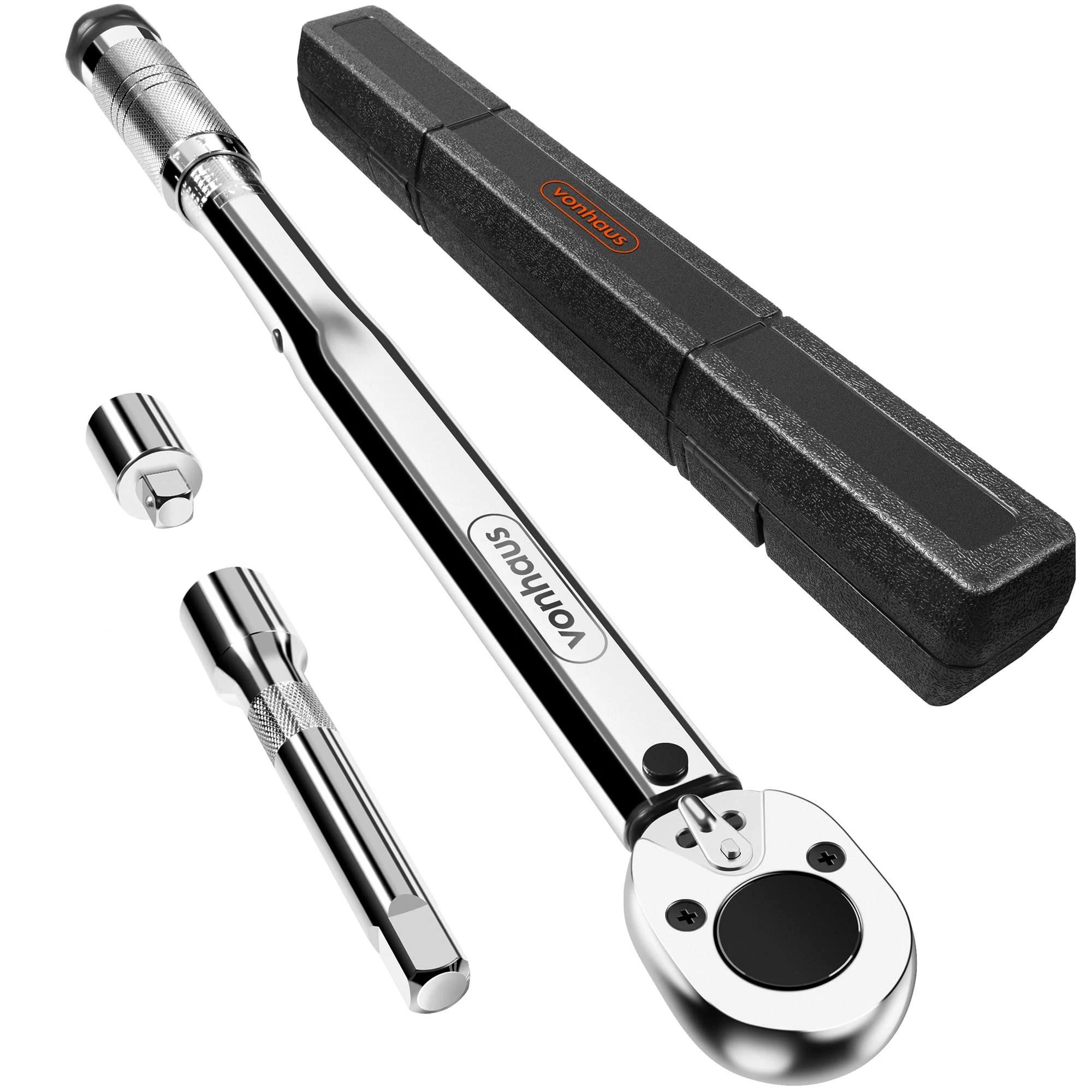 VonHaus Torque Wrench - with 3/8 Reducer and Extension Bar - Ratchet Wrench 1/2 Drive, 30-210Nm, 470mm Long Reach Handle with Carry Case for Car, Bike and General Repairs