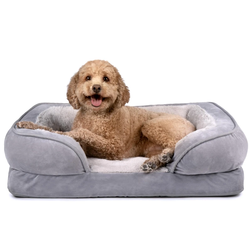 FurHaven Cooling Gel Dog Bed for Medium/Small Dogs w/Removable Bolsters & Washable Cover, For Dogs Up to 35 lbs - Plush & Velvet Waves Perfect Comfort Sofa - Granite Gray, Medium
