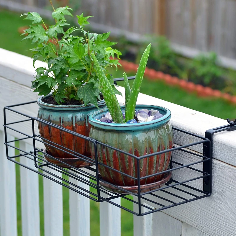 Roe & Moe Adjustable Flower Pot Rack Holder Plant Stand - Expands 14"-27" to accomodate Multiple flowerpots, Hanger Hooks fit Almost Any Balcony, Fence or Deck Railing up to 6" Wide - Steel Black