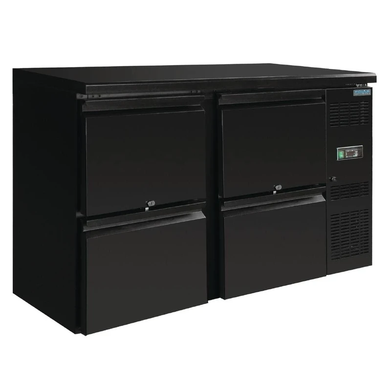 Polar Refrigeration U-Series 280W Four Drawer Back Bar Counter Fridge 349 Litre, Black, 0°C to 10°C, 860(H)x1462(W)x513(D)mm, Forced Air Cooling, Energy Rating C | GL455