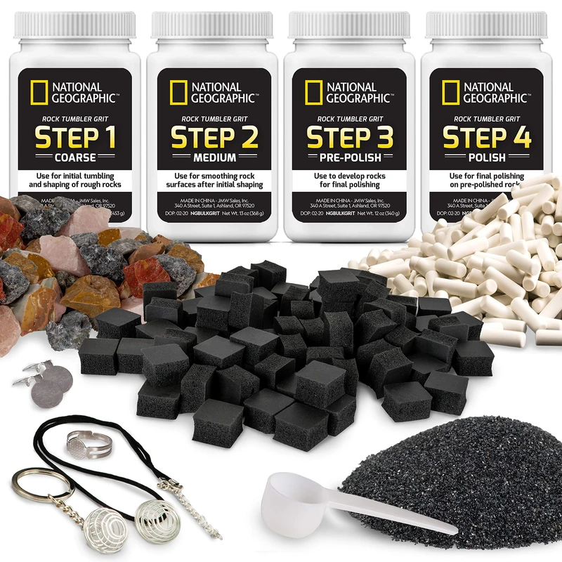 NATIONAL GEOGRAPHIC Rock Tumbler Refill Kit - Rock Tumbling Supplies including Grit and Polish Refills, Ceramic Media, GemFoam, 1.36 kg Madagascar Rocks for Tumbling, Jewellery Accessories