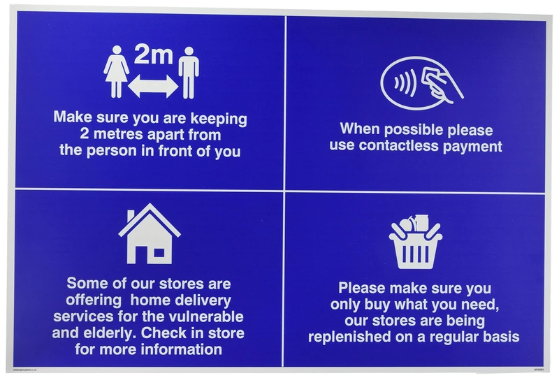 Store sign, social distancing, stock, local delivery, contactless payment